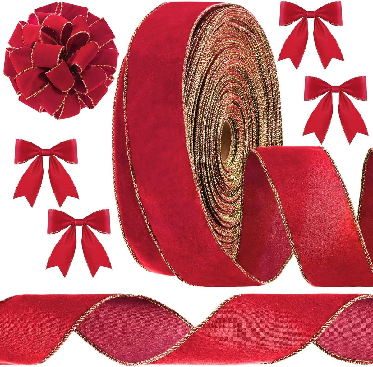 28M Kerst Fluwelen Lint, 6,3 cm Breedte Bedraad Fluwelen Lint Waterdicht Inpakken Fluwelen Linten met Gouden Rand voor Xmas Geschenkverpakking Kerstboom DIY Krans Kerst Boog Decoratie (Rood)