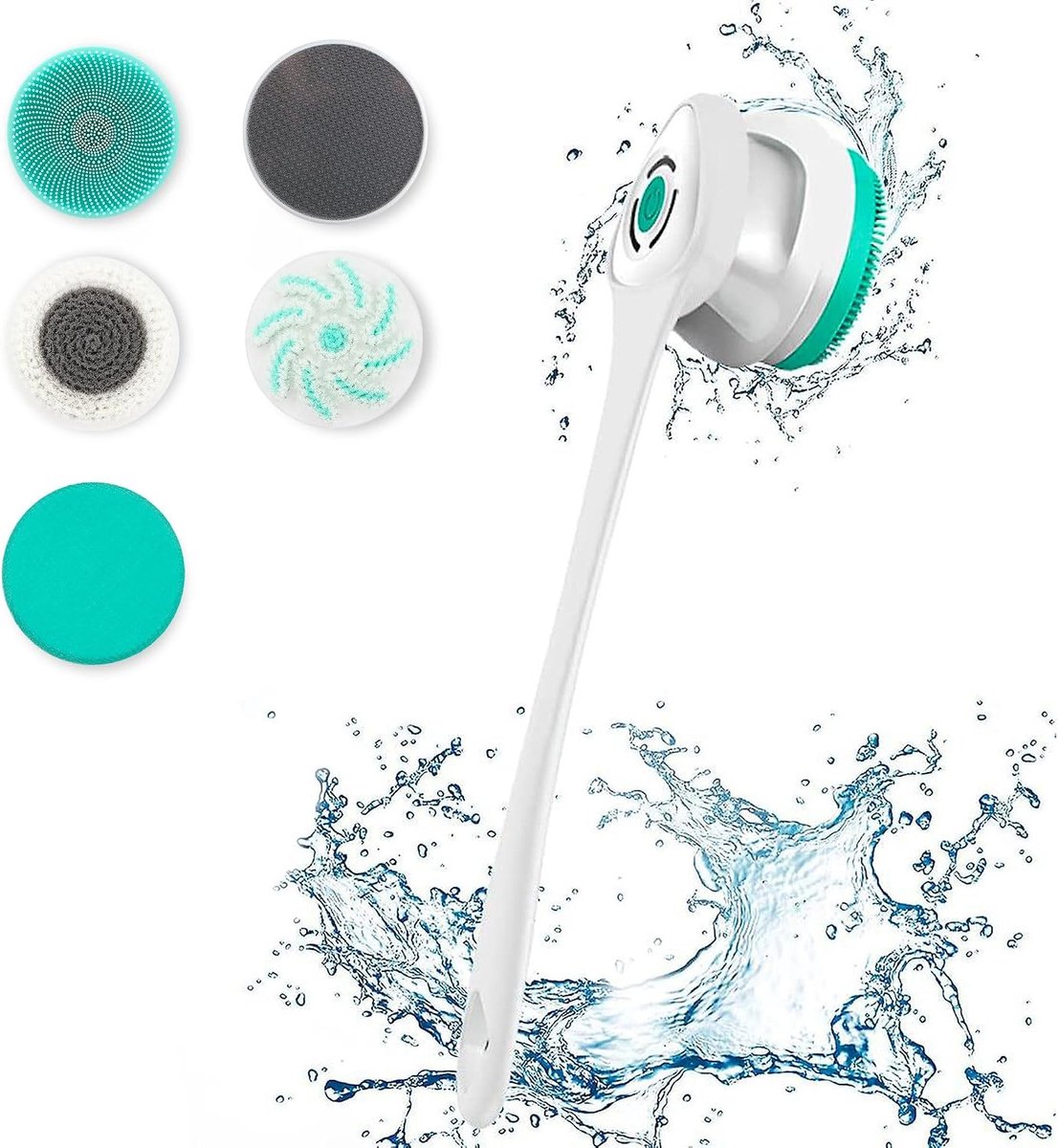 Roterende doucheborstel oplaadbaar via USB – 5 verwisselbare opzetstukken – afneembare kop en lange handgreep 40 cm – 3 snelheden – waterdicht IP67 – looptijd 5 uur – wit