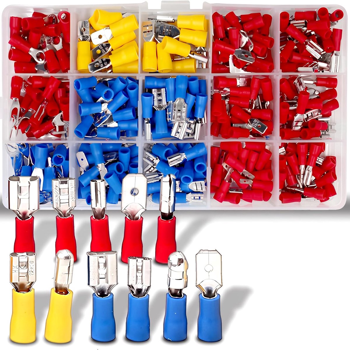 Kabelschoenen, set 280-delig, 15 types, elektrische connectoren met illozing, platte steekhulzen en vorkkabelschoenen, soldeerverbinders, knelverbindingen, assortiment, krimpverbinders