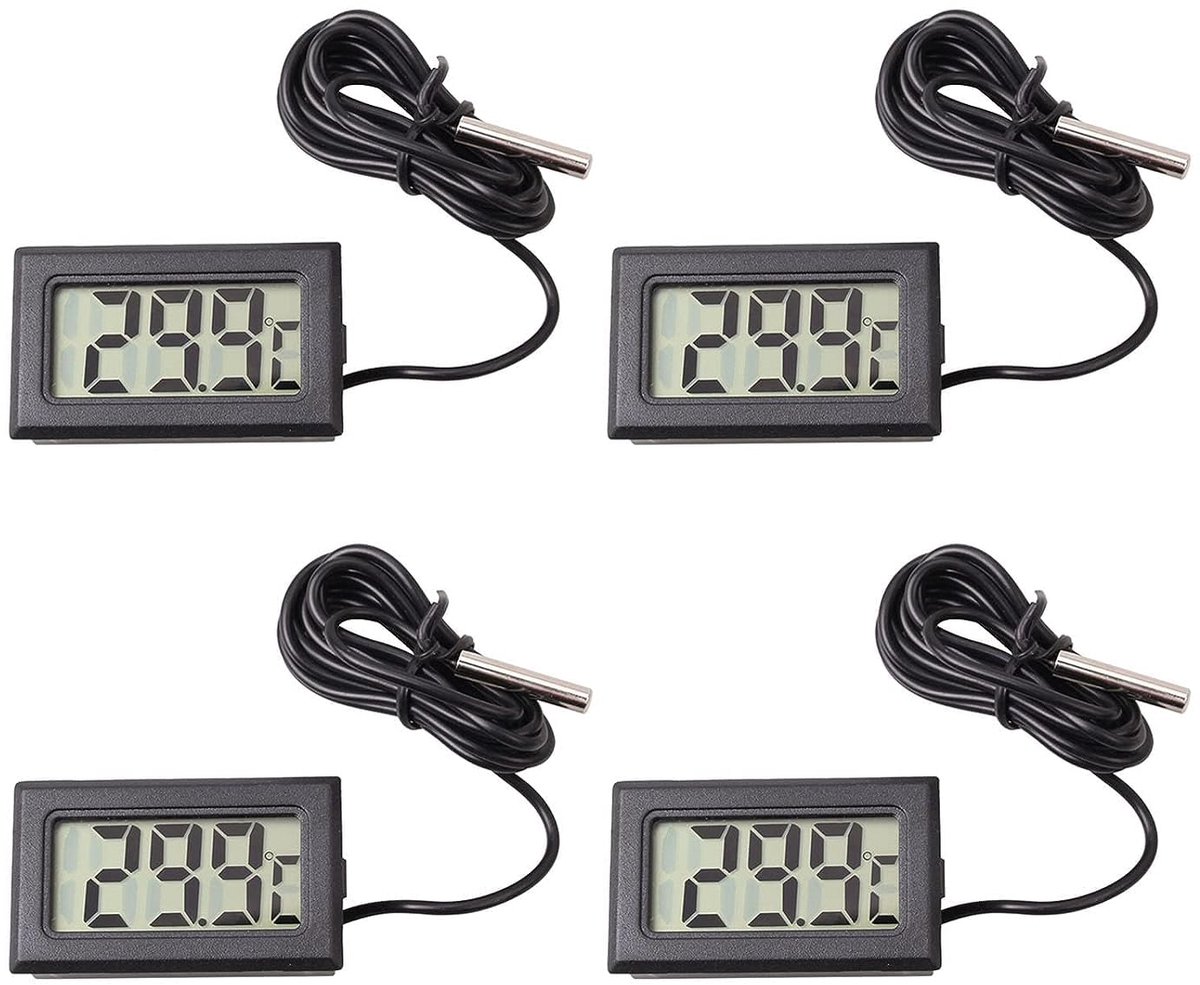Aquariumthermometer, 4 stuks, digitale mini-lcd-thermometer, voor binnen, met externe sensor voor reptielen, broeikas, auto's, aquarium, thuis, kantoor, incubator