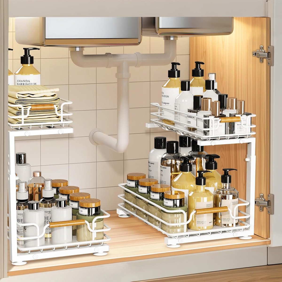 2 stuks spoelkastorganizer, 2 etages, metaal, voor onder wastafel, in hoogte verstelbaar, uittrekbaar, 44,5 cm, keukenrek, schoonmaakmiddelorganizer voor kast, badkamer, keuken, wit