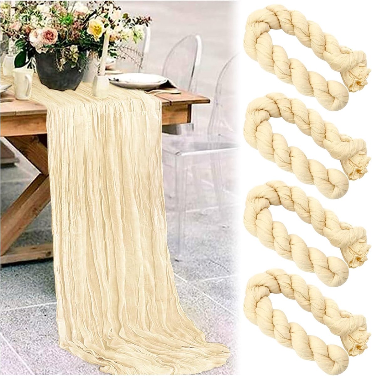 4 stuks mousseline rustieke gaasstof, natuurlijke beige doek, tafelloper, decoratiestof, 300 x 90 cm, boho-tafelloper, voor bruiloft, feest, verjaardag of speciale gelegenheden, decoratie