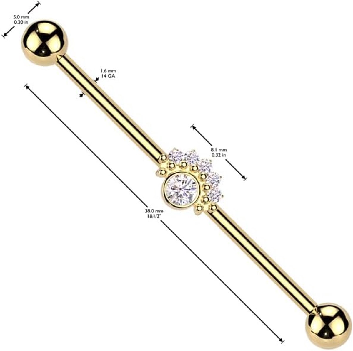 1 industriële piercing, ronde zirkonia, waaiers, goud, zilver, industriële barbell, chirurgisch staal, staaflengte 38 mm