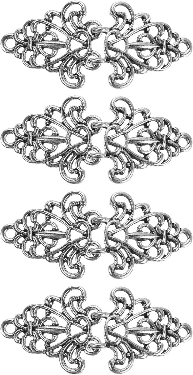 Broche met cape, 4 paar haken en ogen om te naaien, vintage bloemenbroches voor lagen, truien, sjaalkraag en vesten (zilver), 63 x 28mm