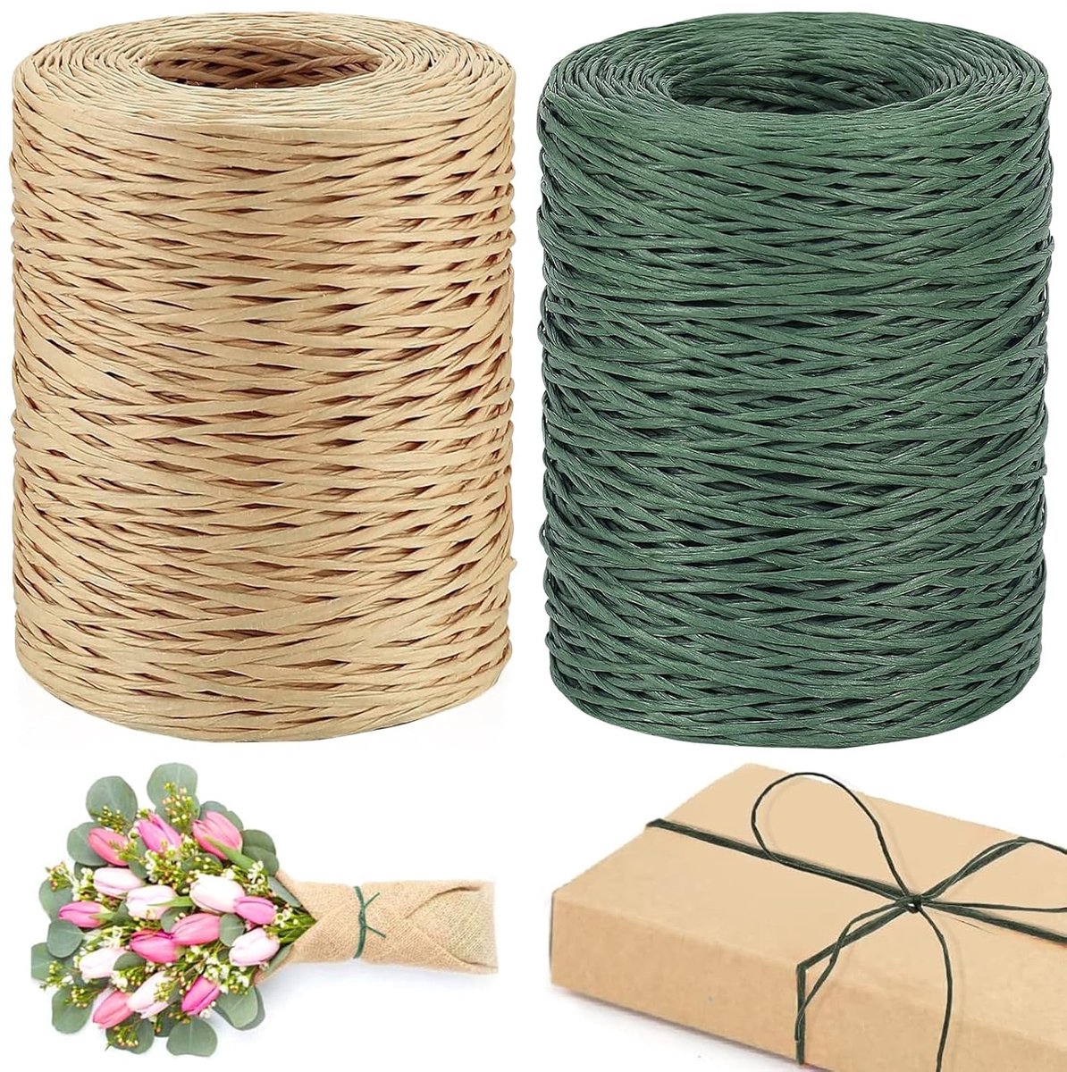 2 x 200 m papierdraad, papierdraad om te knutselen, 2 mm, natuurlijke papierdraad, geschikt voor boeketten, bruiloften, cadeaudecoratie en doe-het-zelf (groen, lichtbruin)