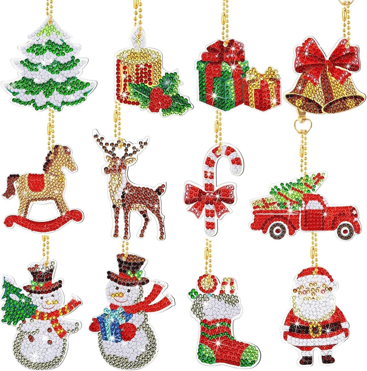 5D Diamond Painting Set van 12 hangers Kerstmis sleutelhanger met gereedschap diamantschilderij Nieuwjaar | Set van 12 hangers voor diamond painting met gereedschap