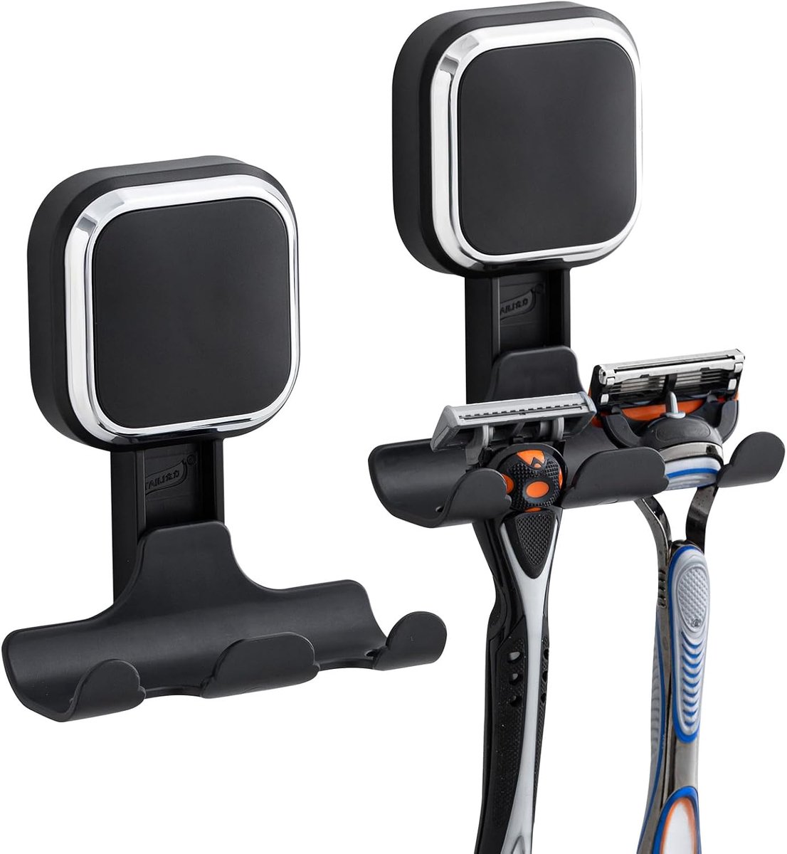 Scheermeshouder met zuignap, set van 2 stuks, vacuümzuig scheerhaken voor badkamer, handdoek, scheerapparaat, hanger voor douche, wand, afneembaar, waterdicht, vierkant gevormd, zwart
