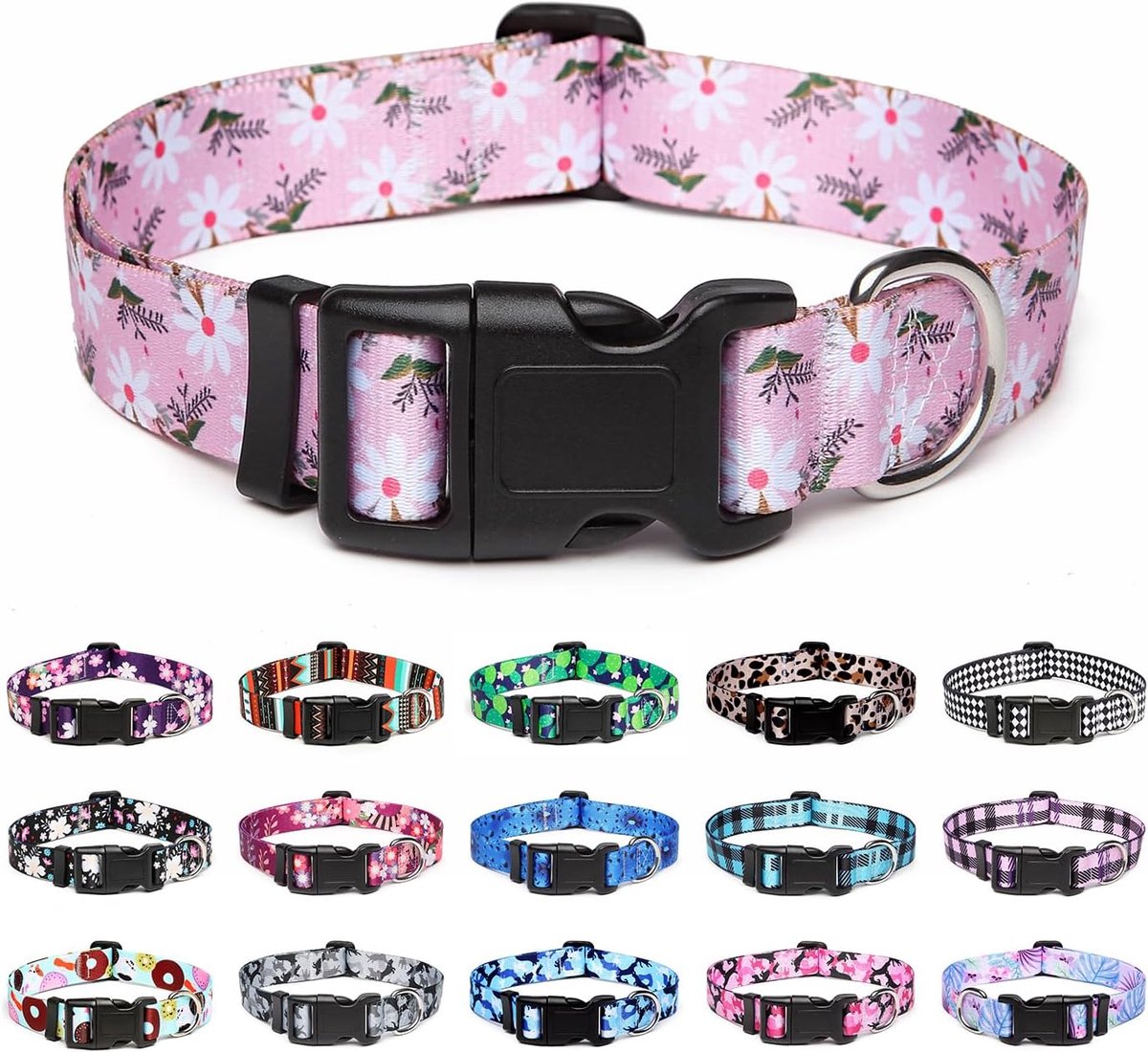 Verstelbare hondenhalsband - speciale ontwerpen, zachte comfortabele duurzame nylon halsband voor kleine, middelgrote en grote honden, S, roze en witte bloem