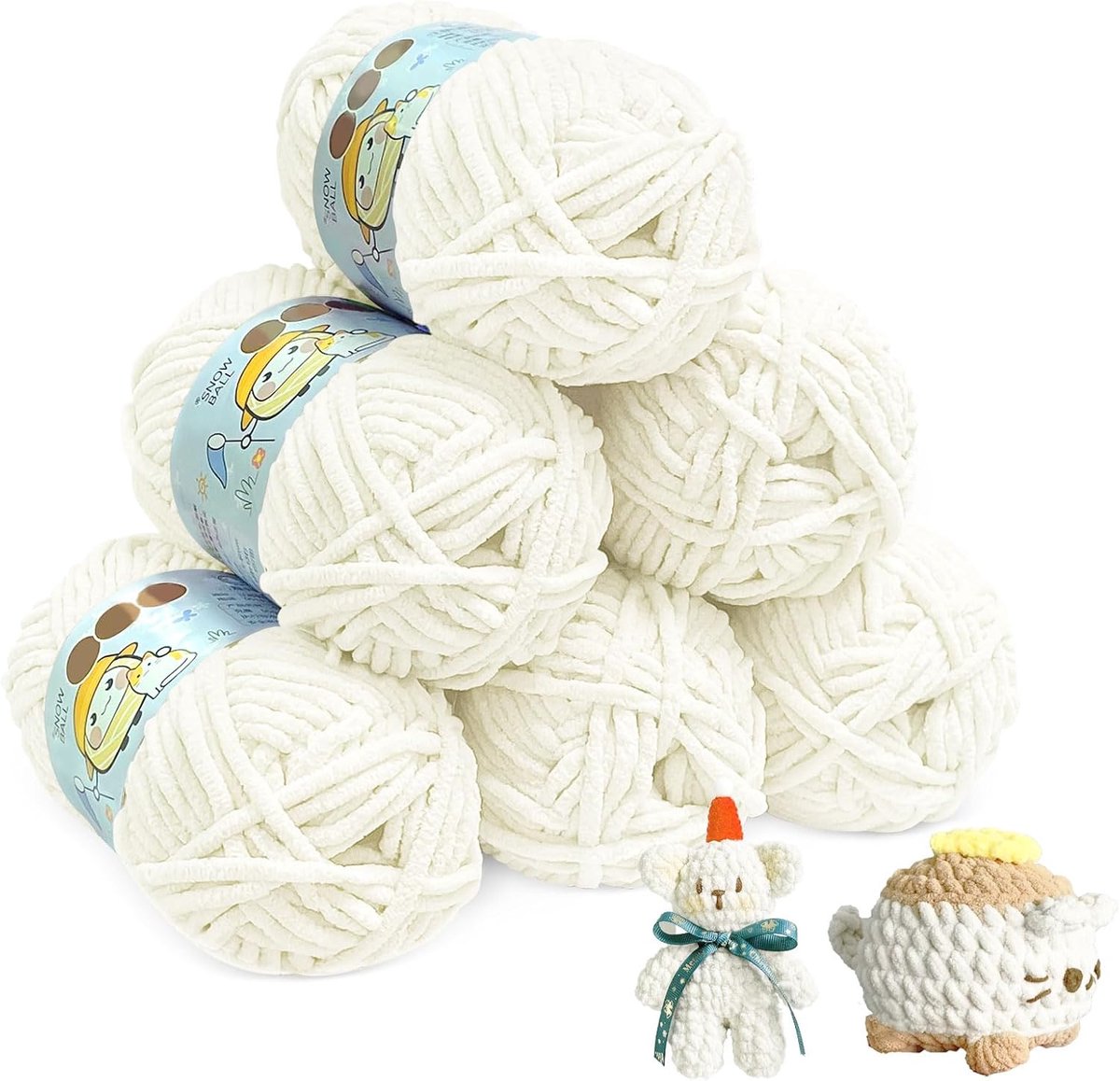 Chenillewol om te haken, 300 g (50 g x 6) dikke wol voor breien, pluizige wol, knuffelwol, chunky garen, haakwol voor doe-het-zelf hoeden, sjaals, sokken, tassen (360 m) (melkachtig wit)