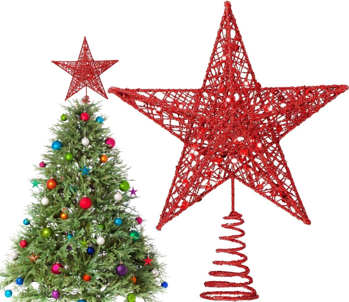 Boompiek rode ster – fonkelende dennenboompiek ster rood van metaal met 3D glittereffect | lichte kerstboomtopper voor feestelijke decoratie, onbreekbaar en stabiel, 22 cm universele maat