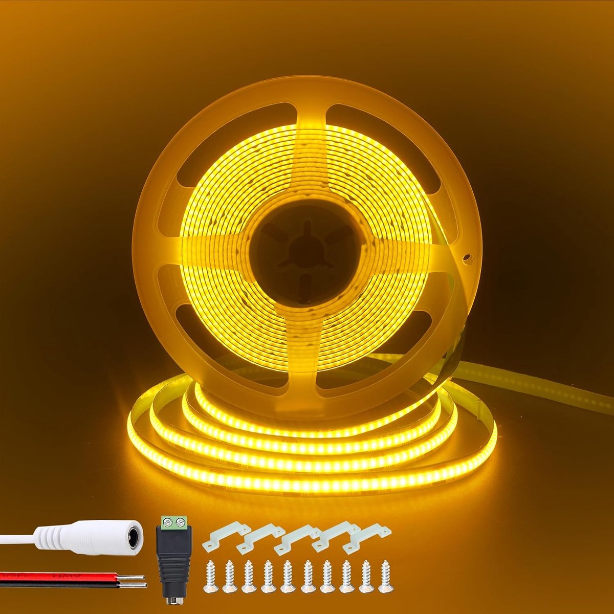 12V COB LED strip verlichting ft /5M (zonder voeding), oranje, 320led /M, 5521DC bus en rood/zwart draad aansluiting, 8mm breed, IP20, voor DIY home interieur