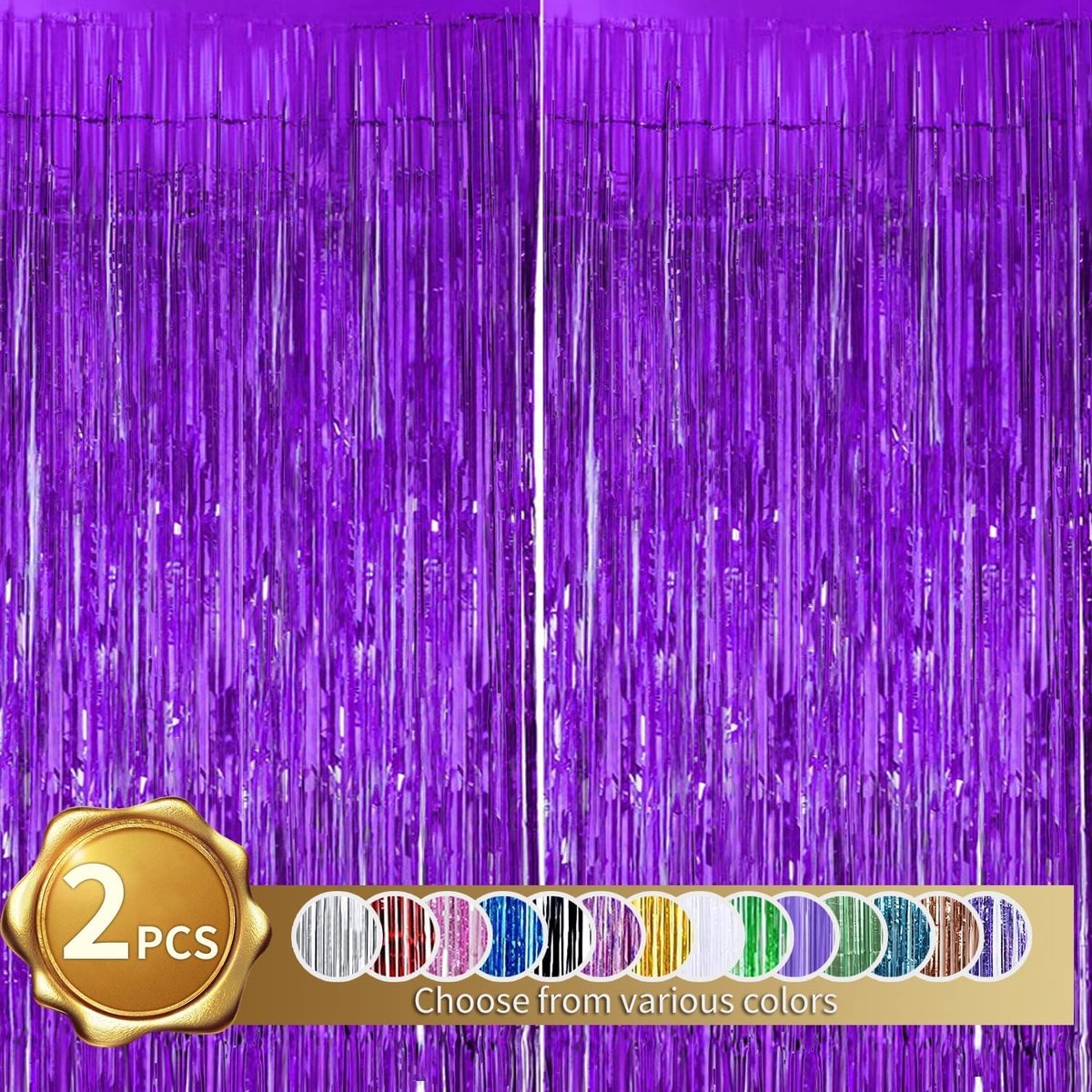 2 stuks paarse folie franje klatergoud gordijnen, metallic glitter gordijn, deur streamers voor afstuderen podium, verjaardag bruiloft babyshower, kerstfeest decoratie (1 m x 2 m)