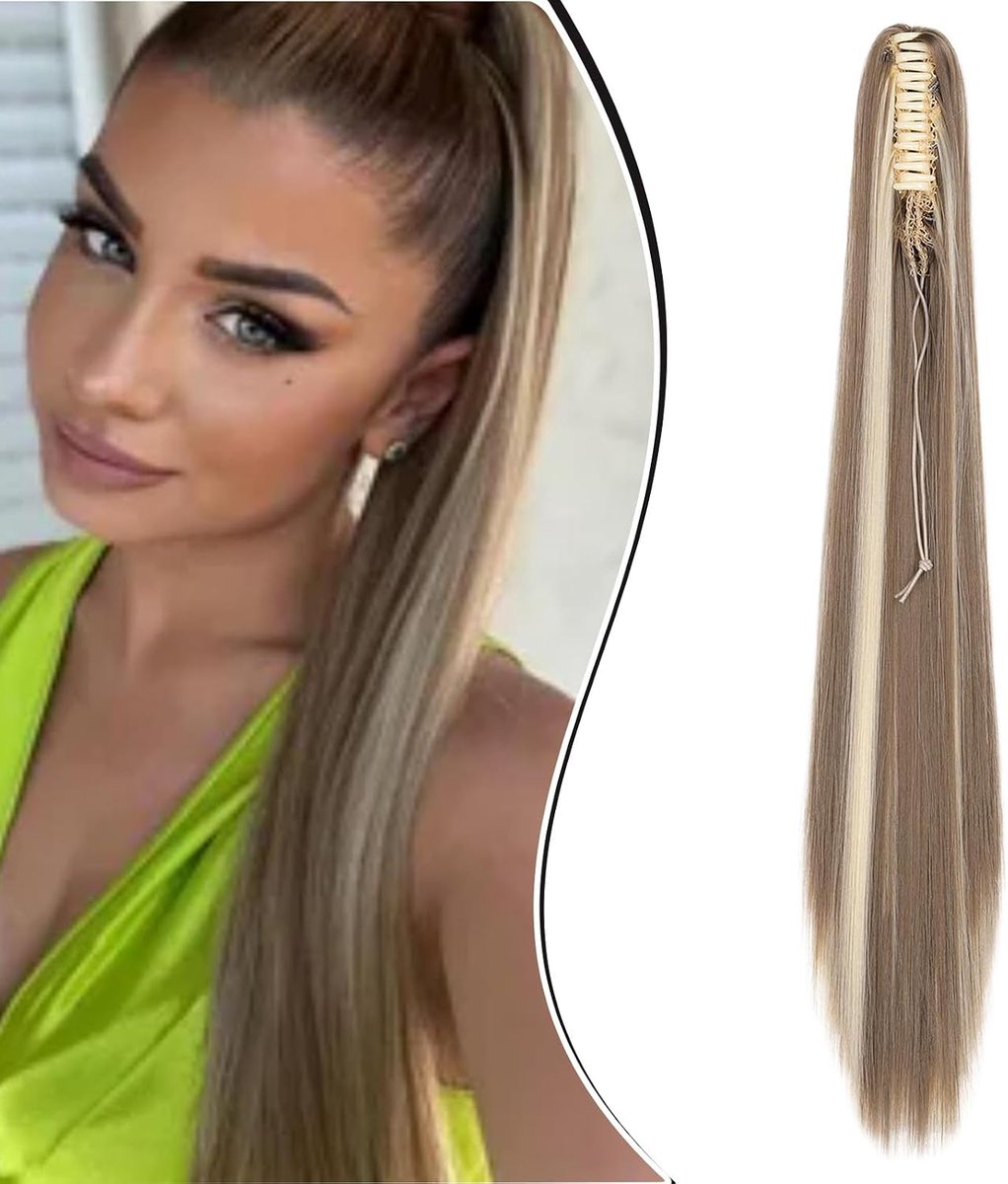 Klauw op Paardenstaart Haarstuk Vlecht Verlenging Rechte Lange Paardenstaart Extensies Haarverlenging Synthetische Ponytail, 55cm Asblond&bleekblond