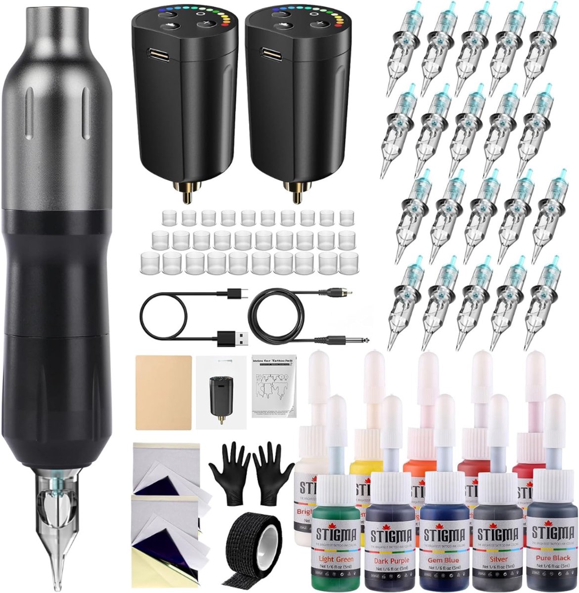 Lìon® Tattoo Machine - 20 Stuks - Tattoo kit Draadloos - Tattoo Machine met Accessoires - Zwart - 23cm x 17cm x 8cm