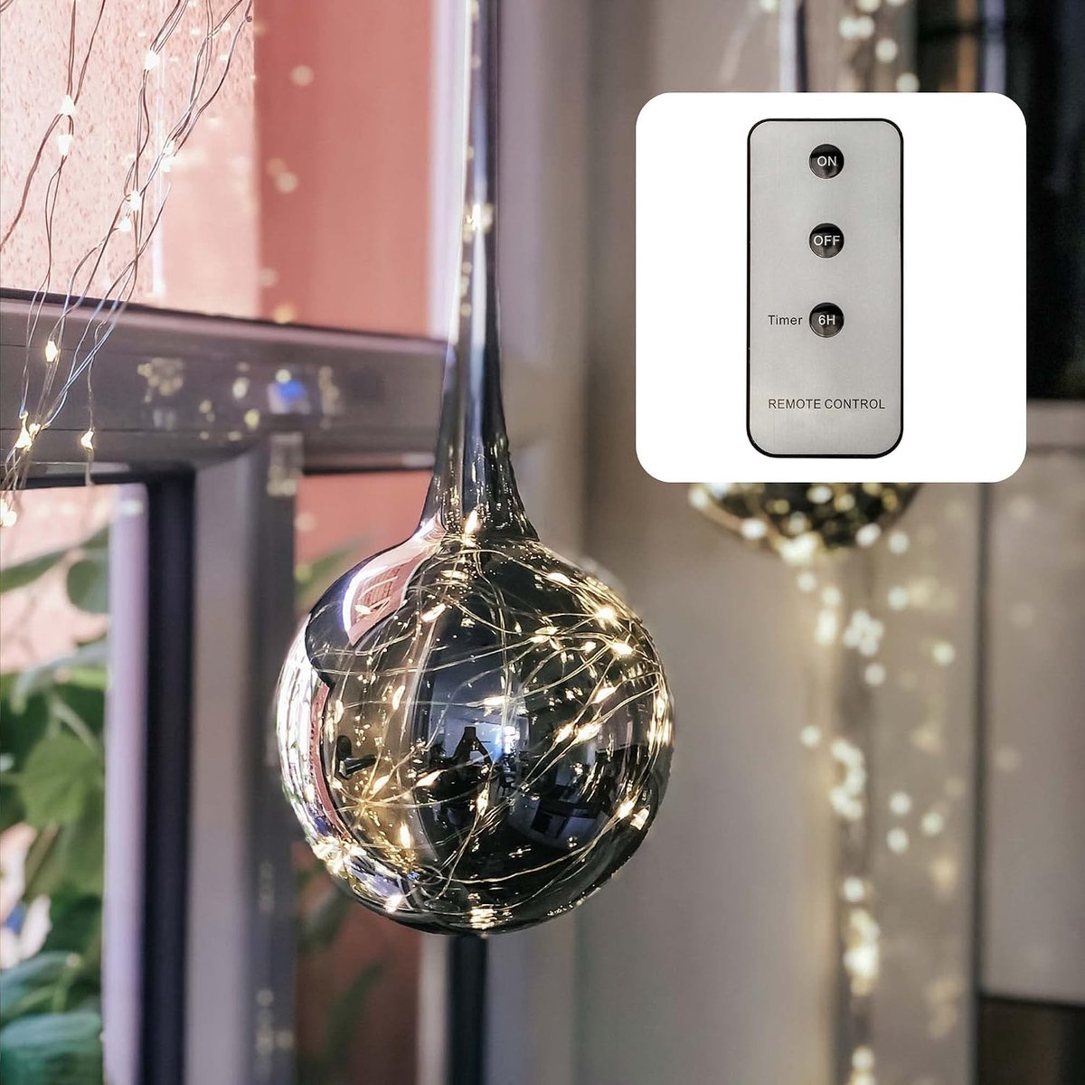 LED-glazen bol hangend met lichtsnoer, timer, 30 warmwitte LEDs, afstandsbediening, glazen druppel 40x13 cm, rookgrijs glas, raamdecoratie jaar rond <59lm 524703