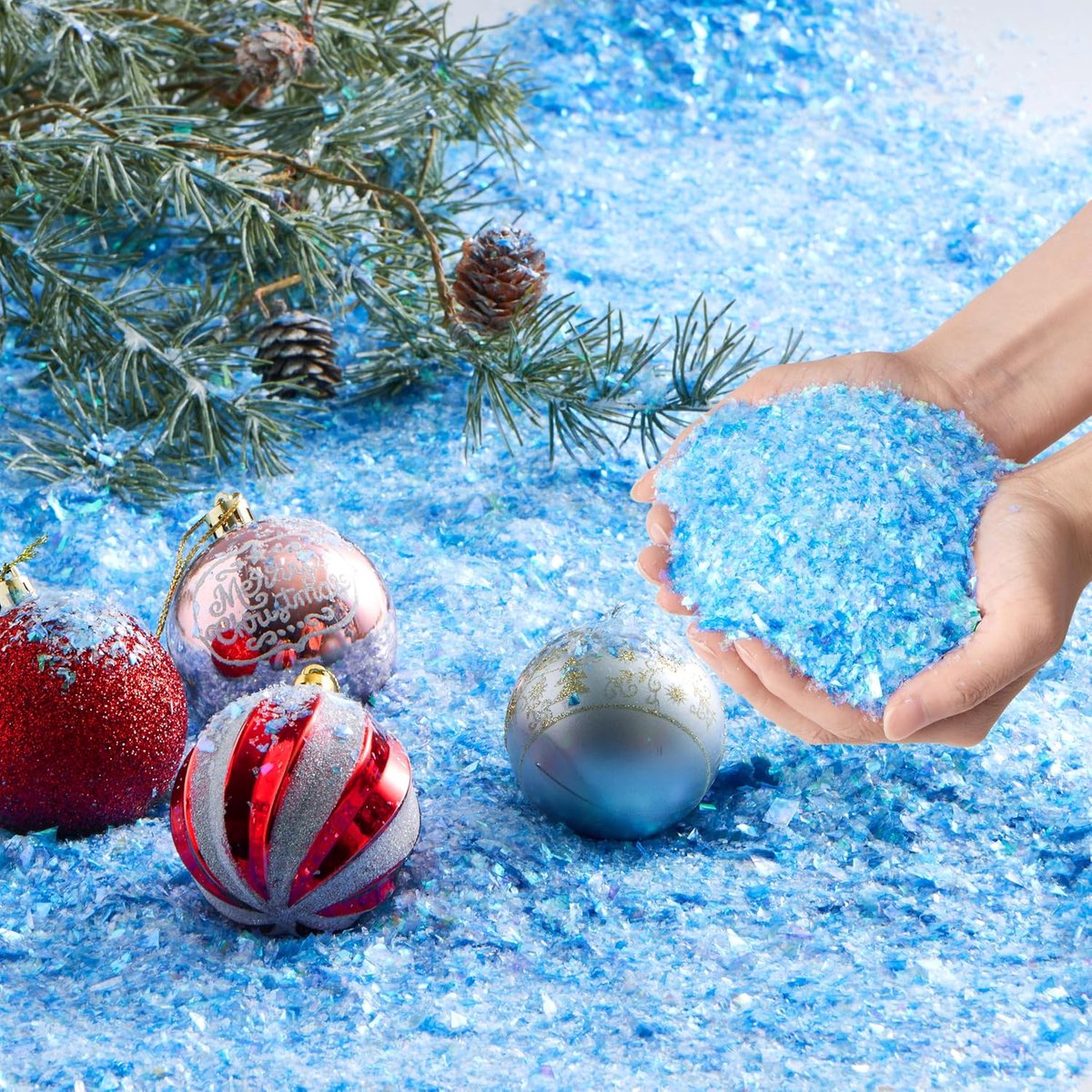 12 oz Kerst Knipperende Blauwe Nep Sneeuw, Kunstmatige Sneeuw, Plastic Sneeuwvlokken, Vlok Sneeuwpoeder Filler voor Kerstboom Decoratie, Ambachten Kerstfeest Thuis Vakantie Benodigdheden en