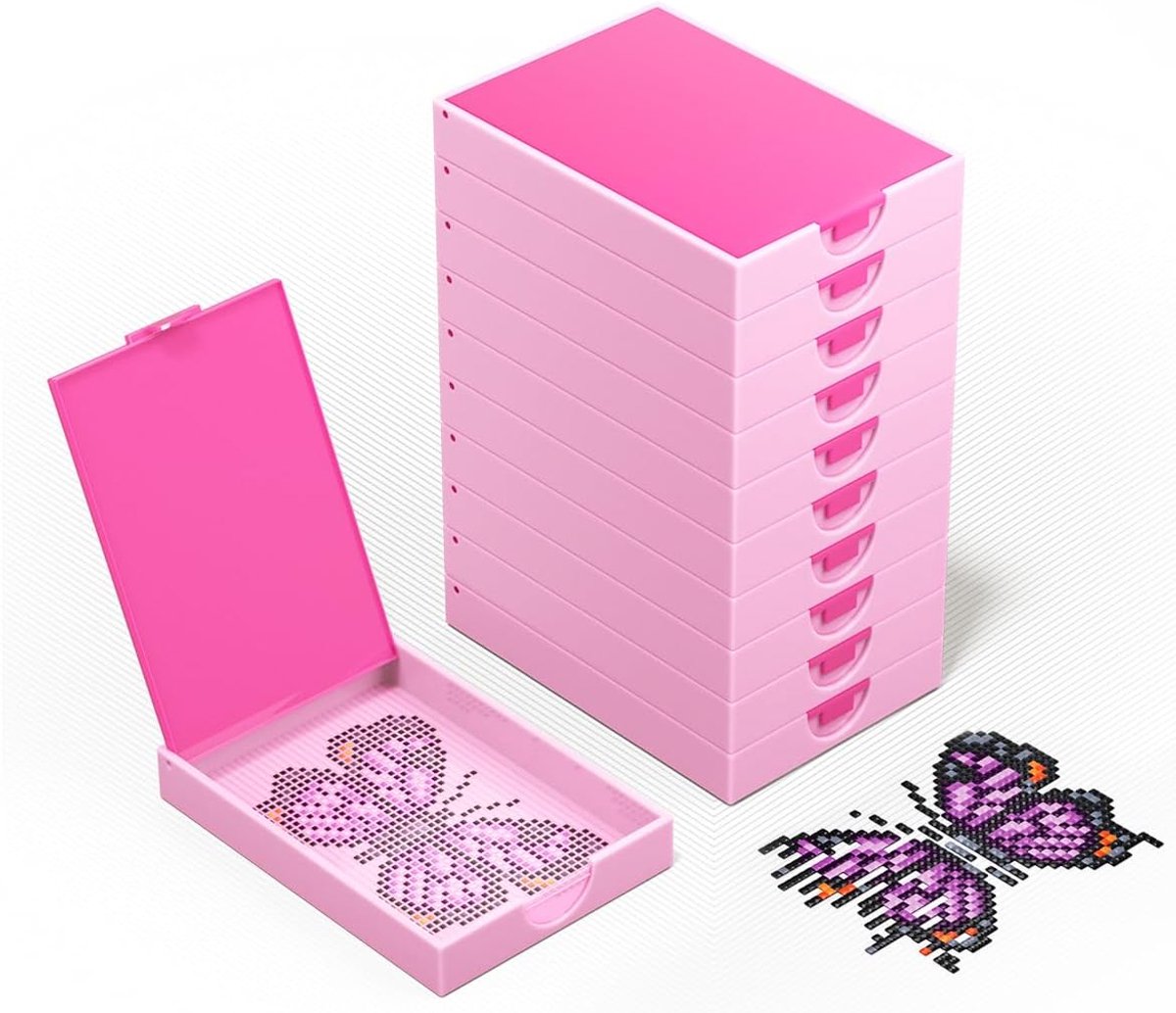10 stuks 2-in-1 diamantkunstopslag, grote diamantkunsttrays met deksels, organizer voor knutsel- en kralenopslag en line-up, doospakket (lichtroze, groot)