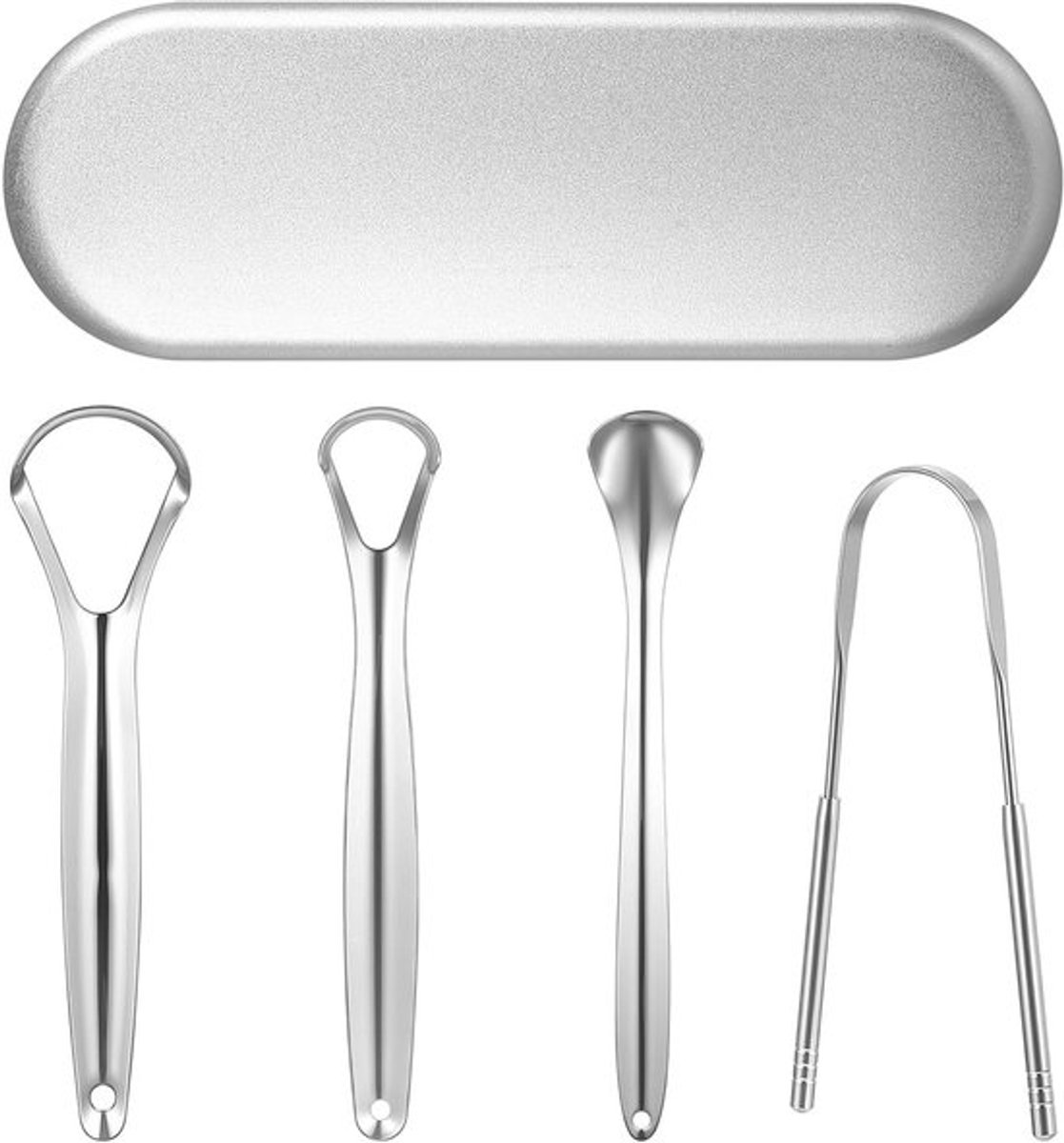 Metalen tongreiniger voor volwassenen en kinderen, effectieve mondverzorging en frisse adem met etui, ideaal voor dagelijks gebruik