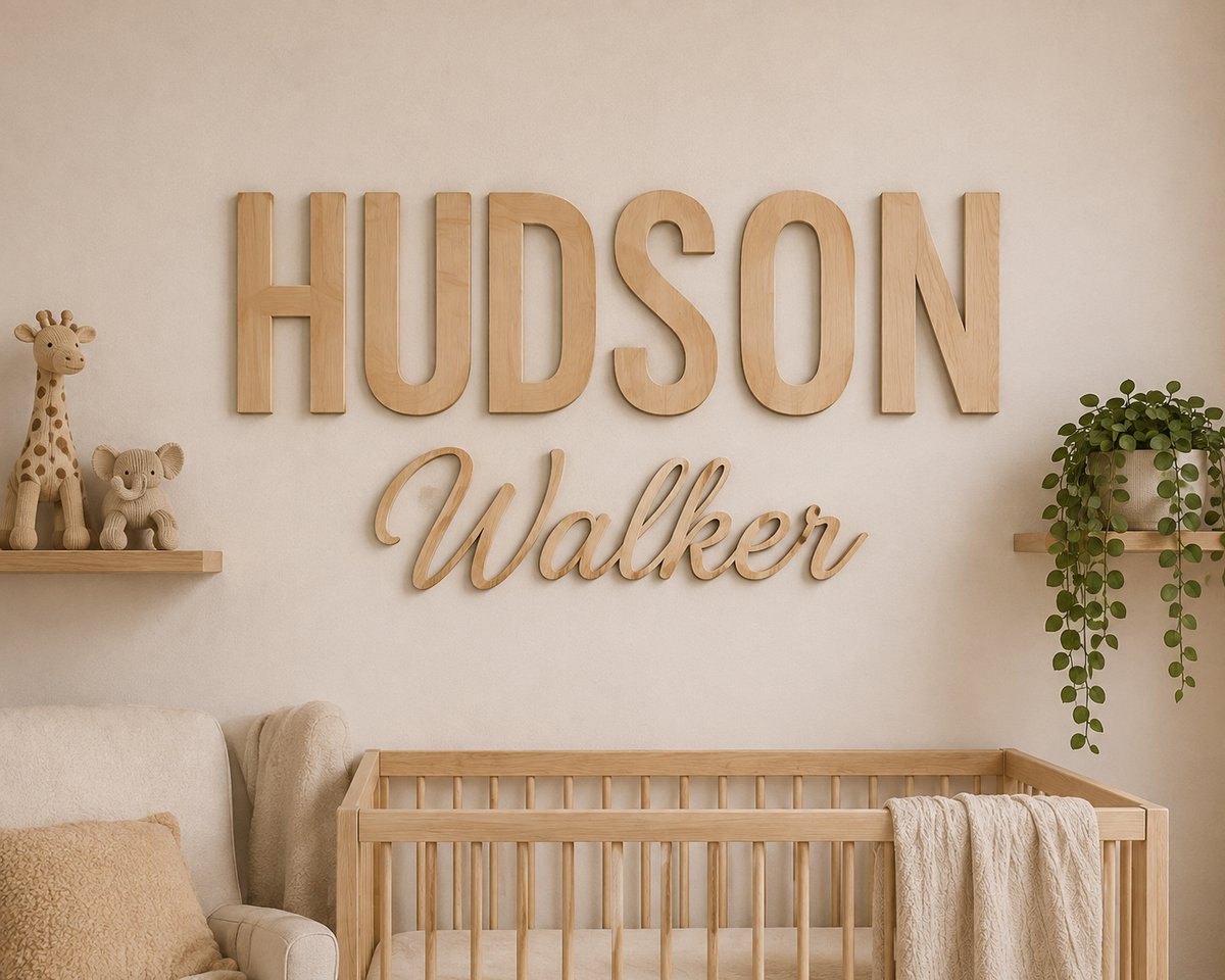Gepersonaliseerde Houten Naam Muurdecoratie Babykamer – 60 x 40 cm – 5 mm Multiplex – Naambord Kinderkamer – Natuurlijk Hout/ baby kamer