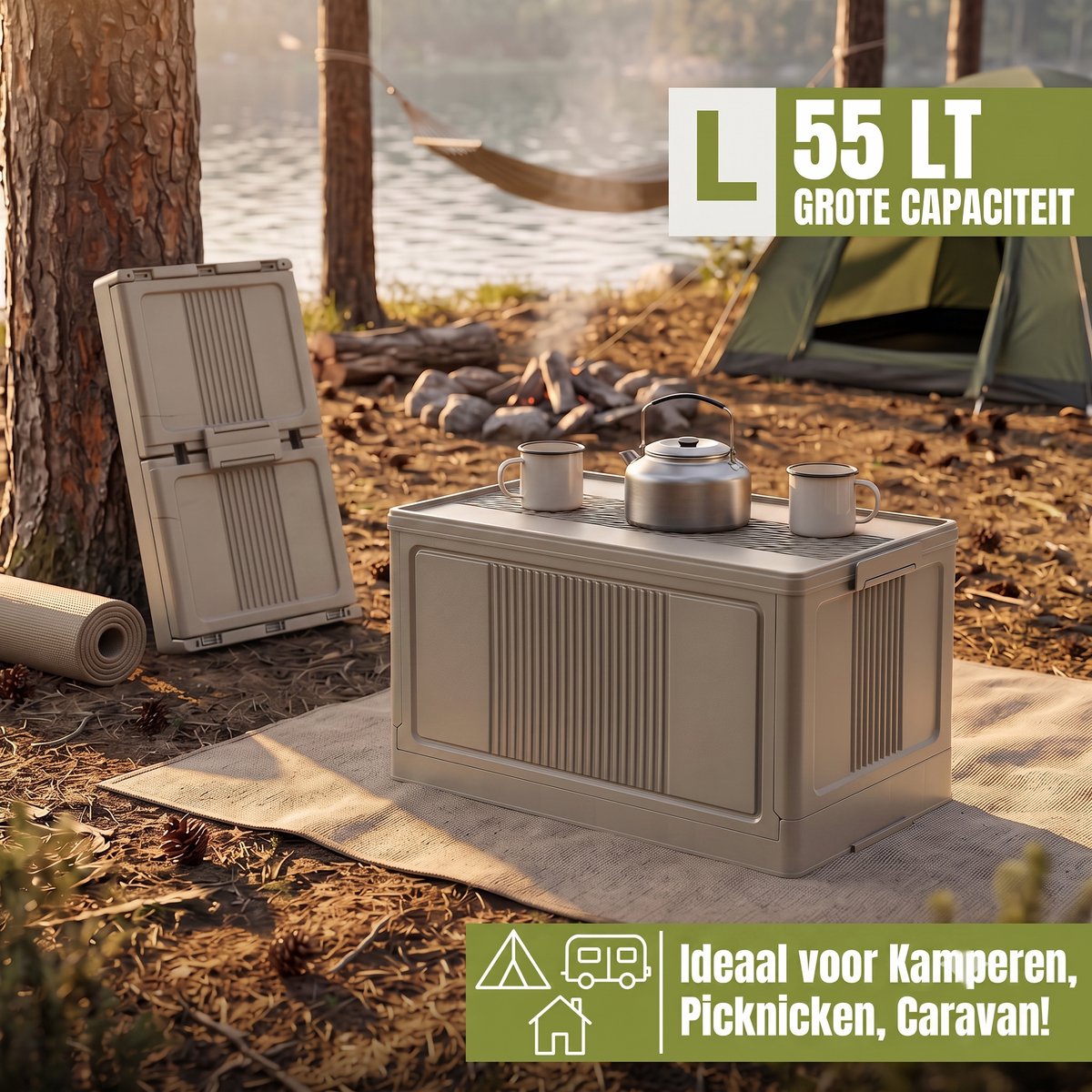 INDECOR Opvouwbare Opbergbox met Deksel - opbergbox tuinkussenbox - Stapelbare Opbergkist - Voor Thuis, Garage, Camping & Camper - 55L - 56 x 32 x 32 cm - Taupe