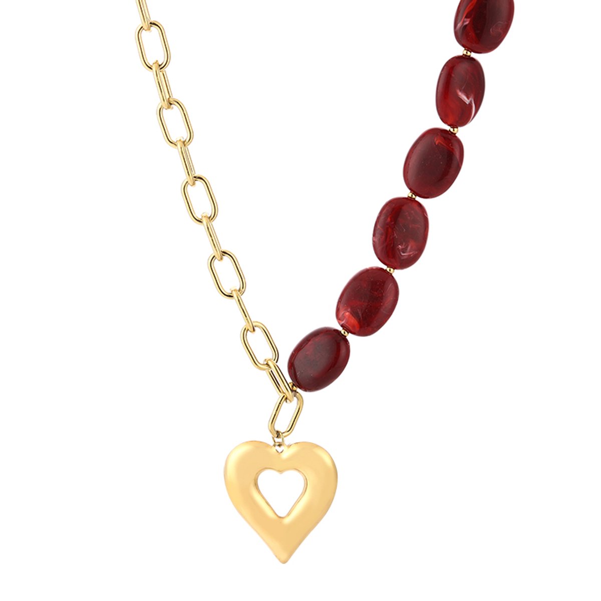 Asymmetrical Link & Oval Resin Bead Heart Pendant Chain Necklace – Luxe Kralen Ketting met Hart – RVS - Rood