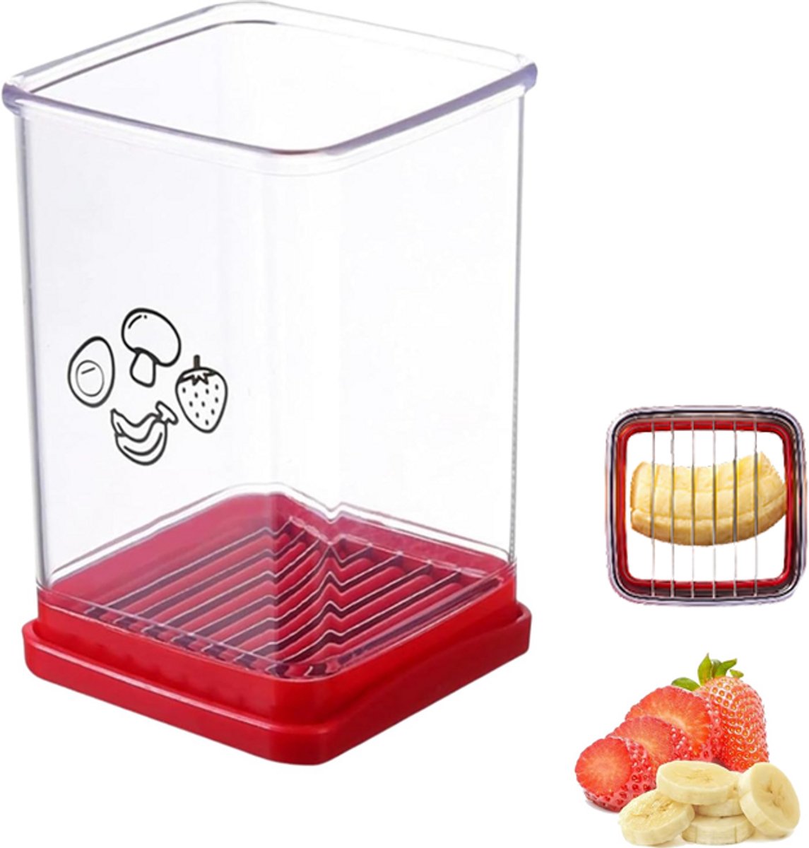 Groentesnijder - Fruitsnijder - Fruitsnijder met opvangbakje - 8 stalen snijbladen - Vingerveilige slicer - 7.5x7.5x10.5cm - Voor aardbei, tomaat, ei en komkommer