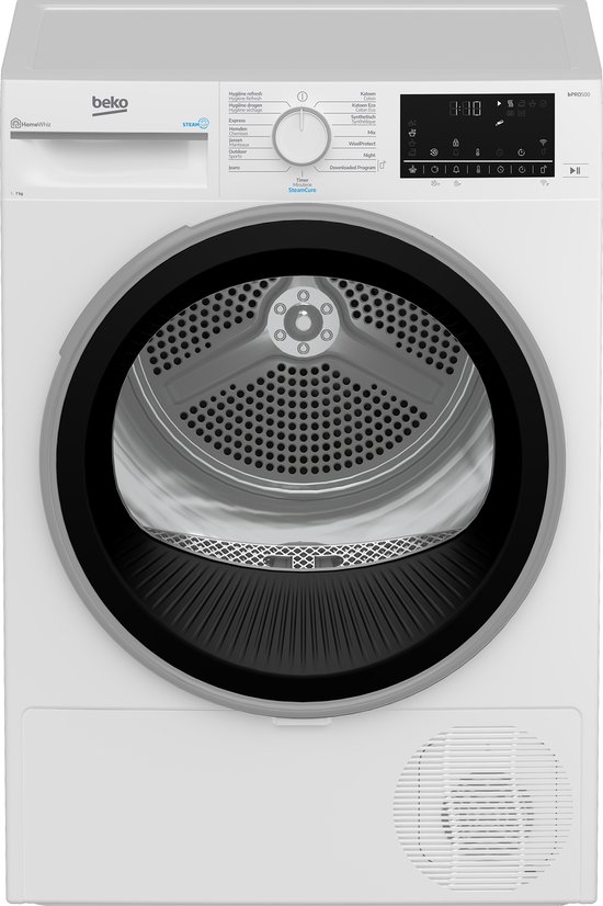 Witte Beko wasdroger met een ronde zwarte deur, digitaal display en ventilatieopening.