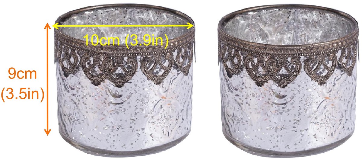 SnelShoppen - Set van 2 Elegante Zilveren Theelichthouders van Glas - Cilindrische Windlichten voor Feest, Tuin en Keuken - Ø 10 cm x h 9 cm