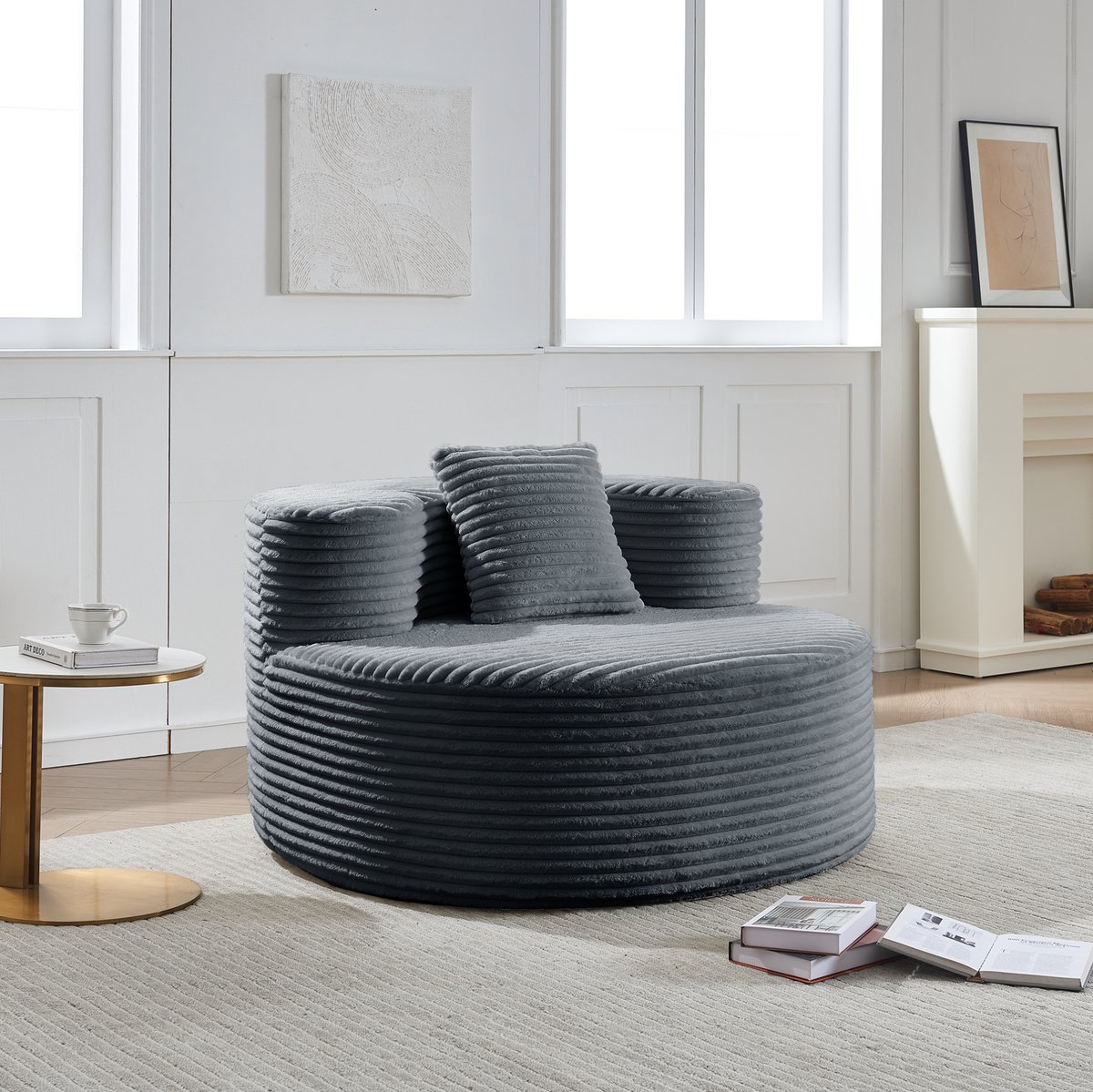 OKWISH Zitzak Stoel 112 X 105 X 59 Cm - Met Rugleuning En Zachte Schuimvulling - Voor Woonkamer En Slaapkamer - Ribstof - Donkergrijs