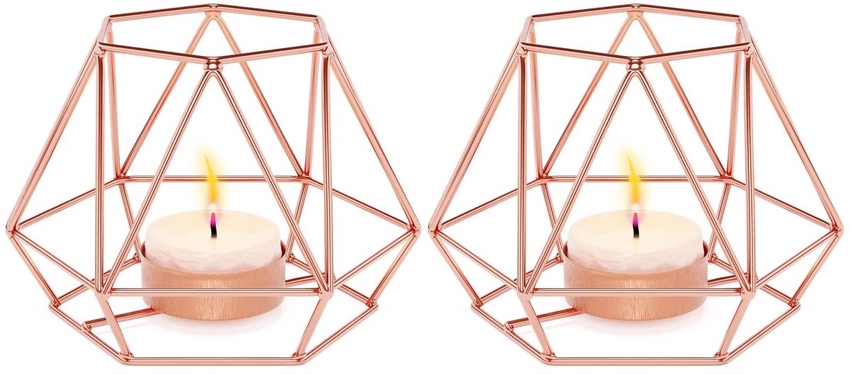 SnelShoppen - 2 stuks Metalen Theelichthouder Set, Holle IJzeren Decoratieve Kandelaar, Rose Gold, Huisornament voor Woonkamer, Bruiloft, Feest