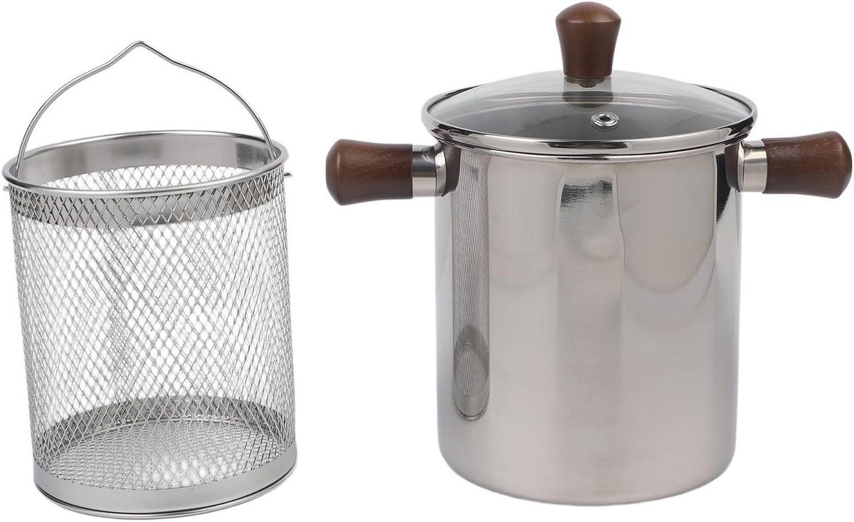 Frituurpan Roestvrij Staal - Friteuse Walnoot Handvat - Thuis Frituren - Oliefiltratiesysteem - 2 Liter - Zilver