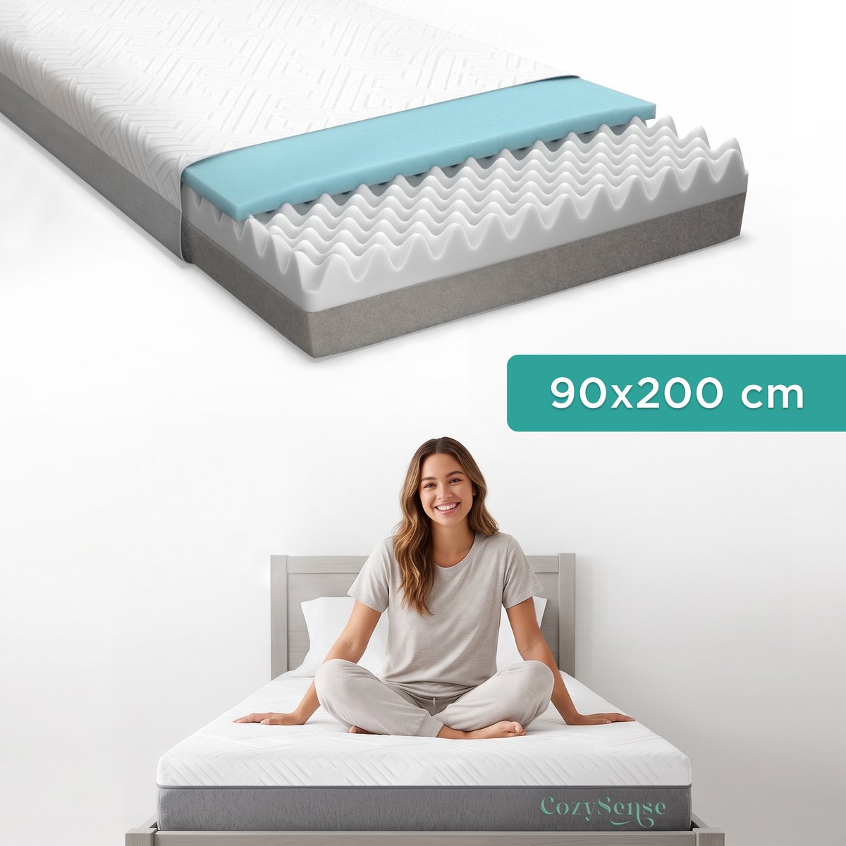 CozySense® Premium Matras 90x200 cm – Eenpersoons – 3 Comfortlagen – Gel Traagschuim & Eierkistschuim – CertiPUR-US® Schuim & OEKO-TEX® Hoes – 20 cm Dik