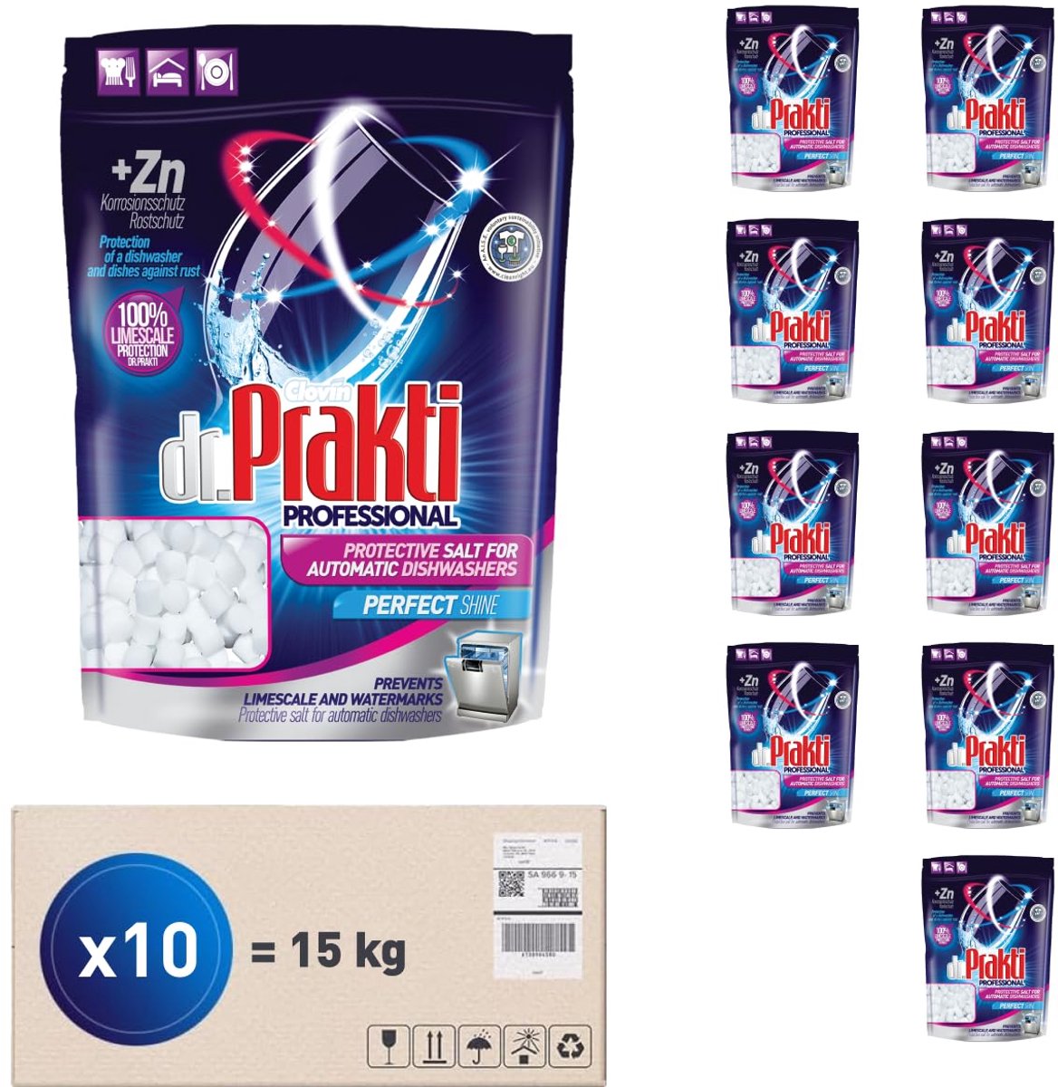 SnelShoppen - Vaatwaszout Doypack 1,5 kg - Multiverpakking van 10 - Geschikt voor Keuken, Feest, Camping - Effectief, Hoogwaardig, Voor Glanzend Servi