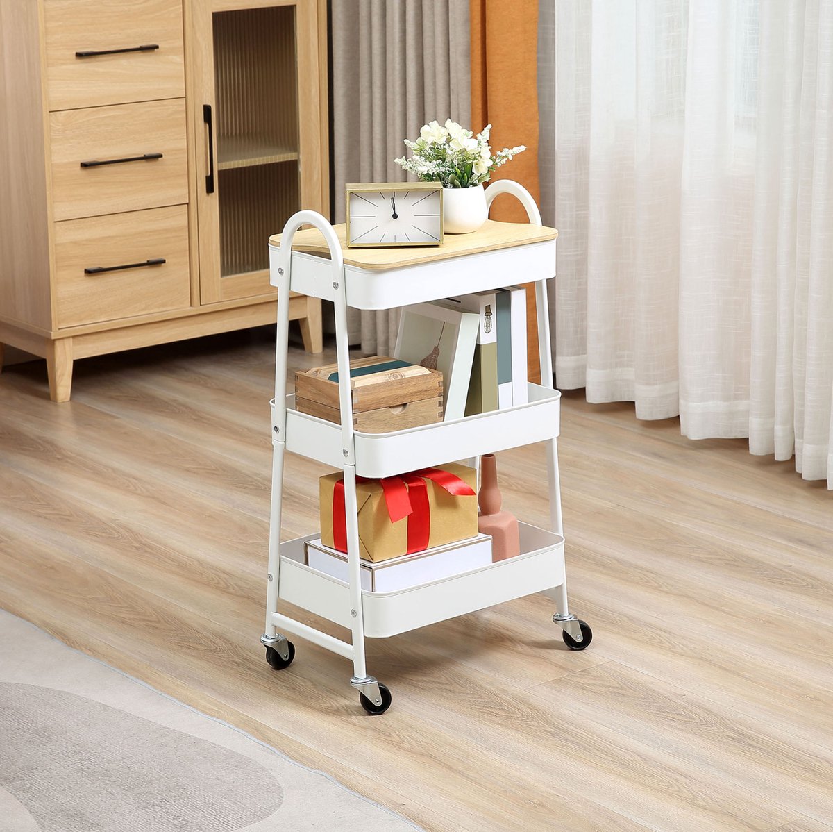 HAUSS SPOLE Keukenwagen – 45 x 31 x 79,4 cm – Met Deksel En 3 Lagen – Staal En Kunststof – Wit – Met Wielen Voor Keuken En Kantoor