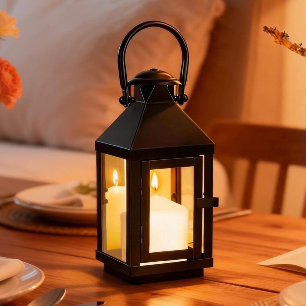 SnelShoppen - Zwarte Lantaarn voor Buiten - Kaarslantaarn 21,5 cm - Tuinlantaarn met Glazen Schijven - Decoratie voor Woonkamer, Balkon en Tuin - Perf