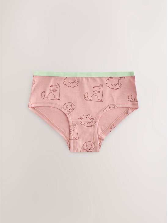 Roze hipster met opdruk van bruine honden en katten, met lichtgroene boord.