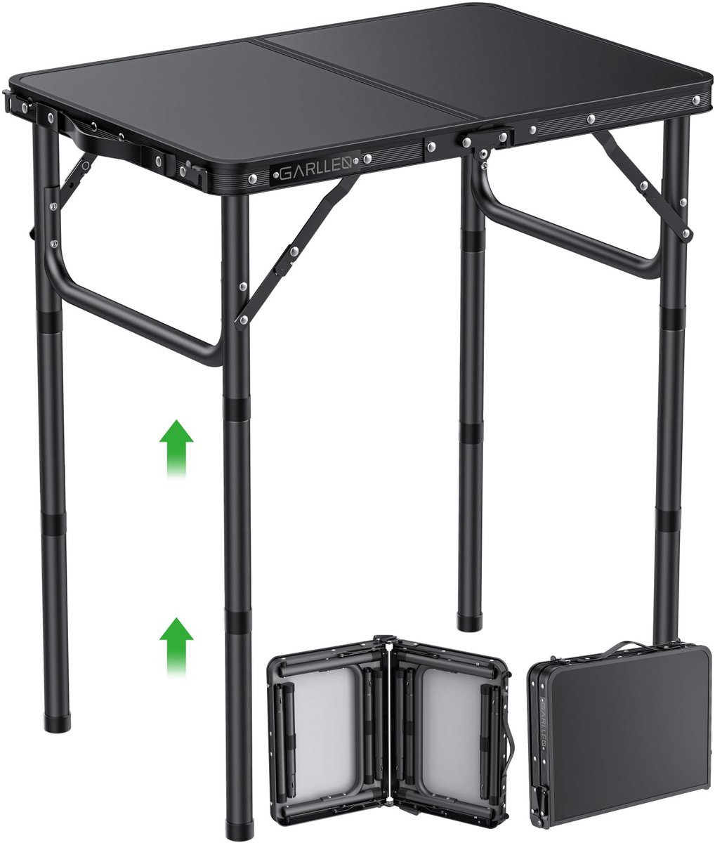 SnelShoppen - Inklapbare Campingtafel 58 x 40 cm - 3 Hoogtes (26/48/70 cm) - Draagbare Bijzettafel voor Camping, Picknick, Tuin - Zwart