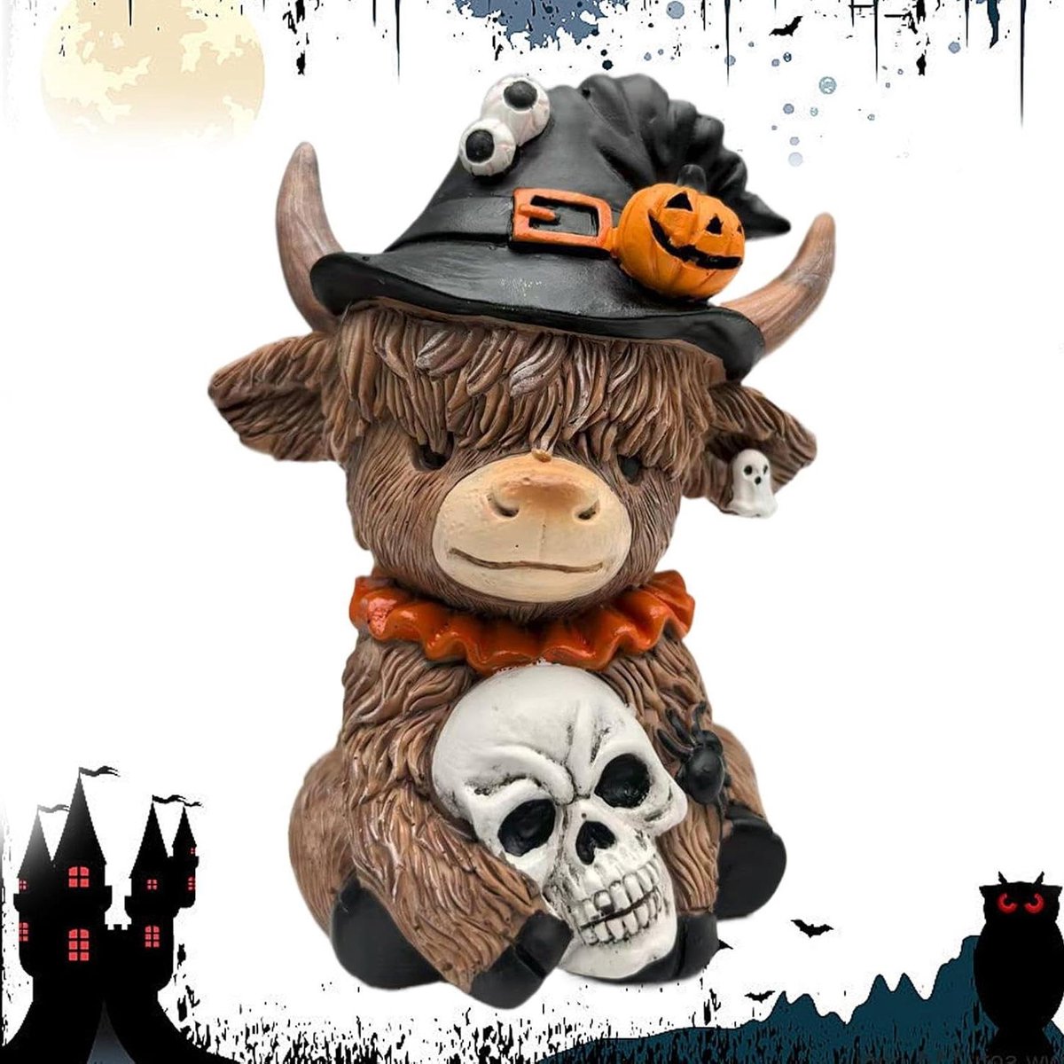 Hooglander Koe Figuur - Boerderij Beeldje - Halloween Decoratie - Spin en Pompoen - 13 cm hoog - Bruin