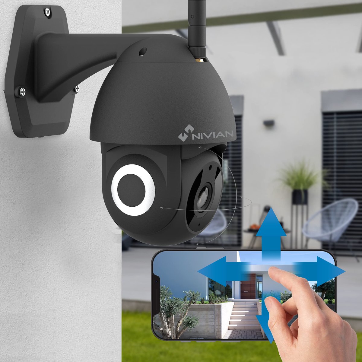 SnelShoppen - WLAN PTZ-camera 2K, 360° Afstandsbediening, Autotracking, Menselijke Herkenning, Nachtzicht tot 10m, Buitengebruik, Compatibel met Alexa