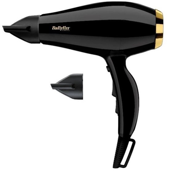 Zwarte BaByliss föhn met gouden accenten en twee opzetstukken. BaByliss PARIS logo zichtbaar.