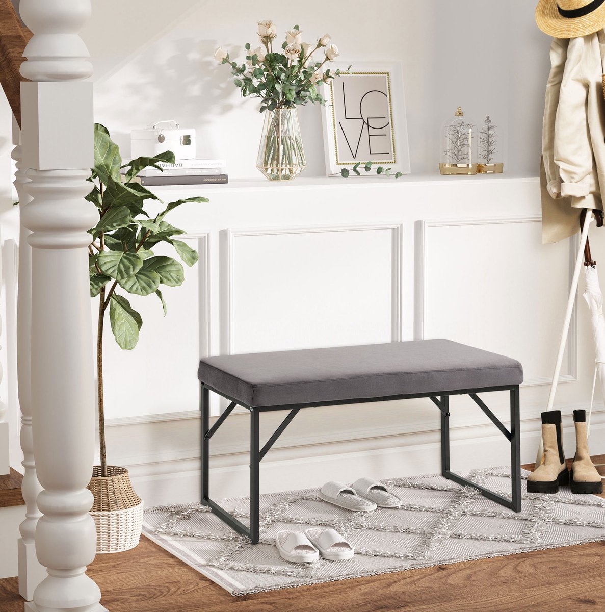 HAUSS SPOLE Zitbank – 100 x 35 x 47 cm – Gestoffeerde Zitting Van Polyester – Donkergrijs – Voor Hal Slaapkamer En Beduiteinde