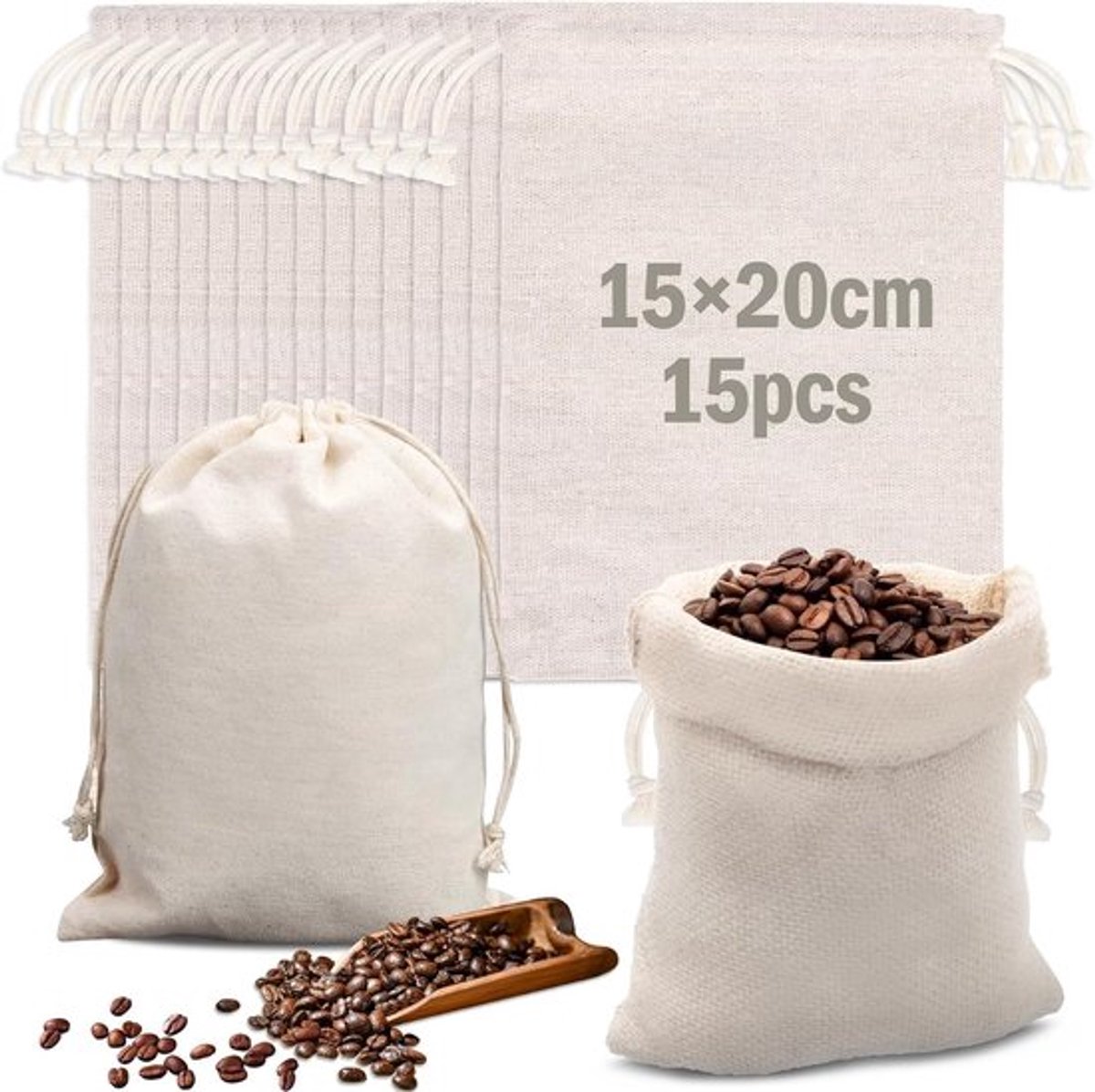 - Katoenen Trekkoordzakken - Milieuvriendelijk - 20 x 15 cm - Set van 15 - Ideaal voor Cadeaus en Organisatie - Wit