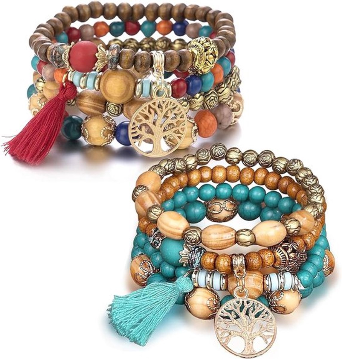 Set van 2 parelarmbanden voor volwassenen - Boheemse retro accessoires voor Kerst, verjaardag en jubileum - Uniseks sieraad van natuurlijk materiaal - Afmeting: 9,8 x 7,8 x 1,8 cm