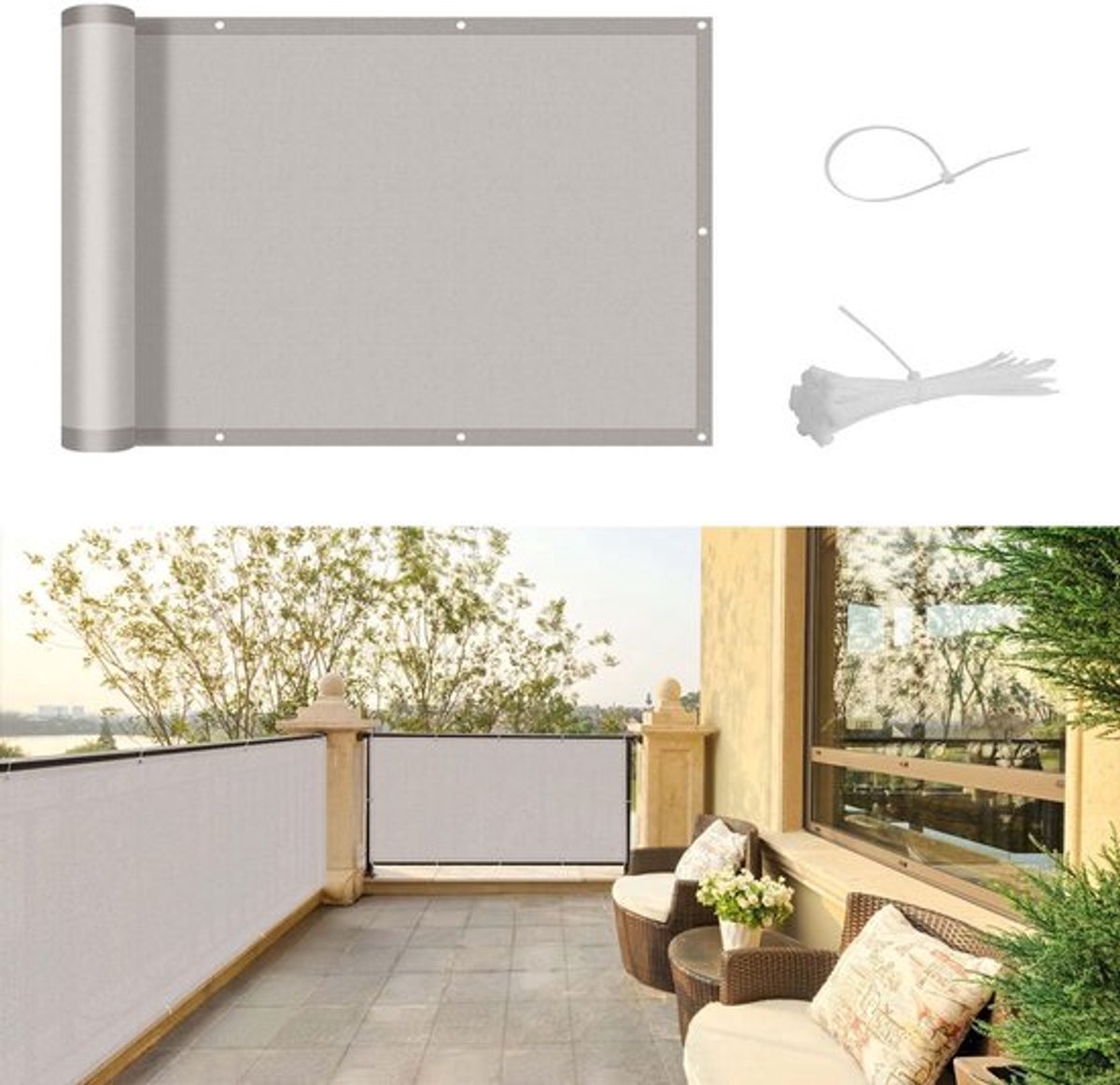 Balkonscherm Waterdicht 90x600cm - Inkijkbescherming - Windscherm - UV-bescherming - Duurzaam - Metalen Verstevigingsgaten - Balkonafscheiding