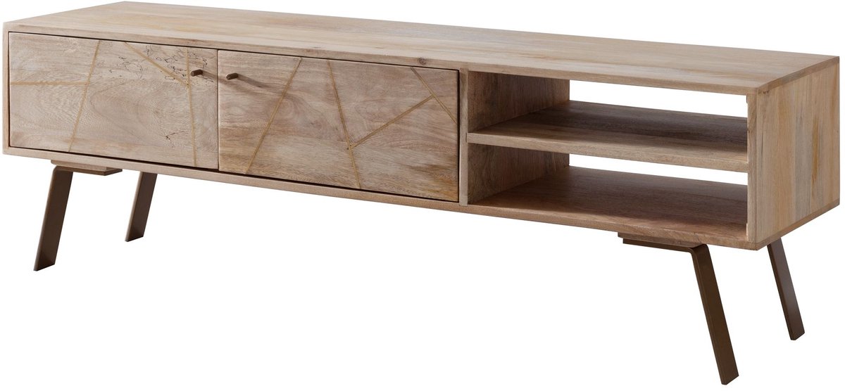Ervesto Tv-meubel Sikar - Lowboard Dressoir - Mango Hout 145x47x35 Cm - Rustieke Landhuisstijl - 2 Deuren - Open Opbergrek