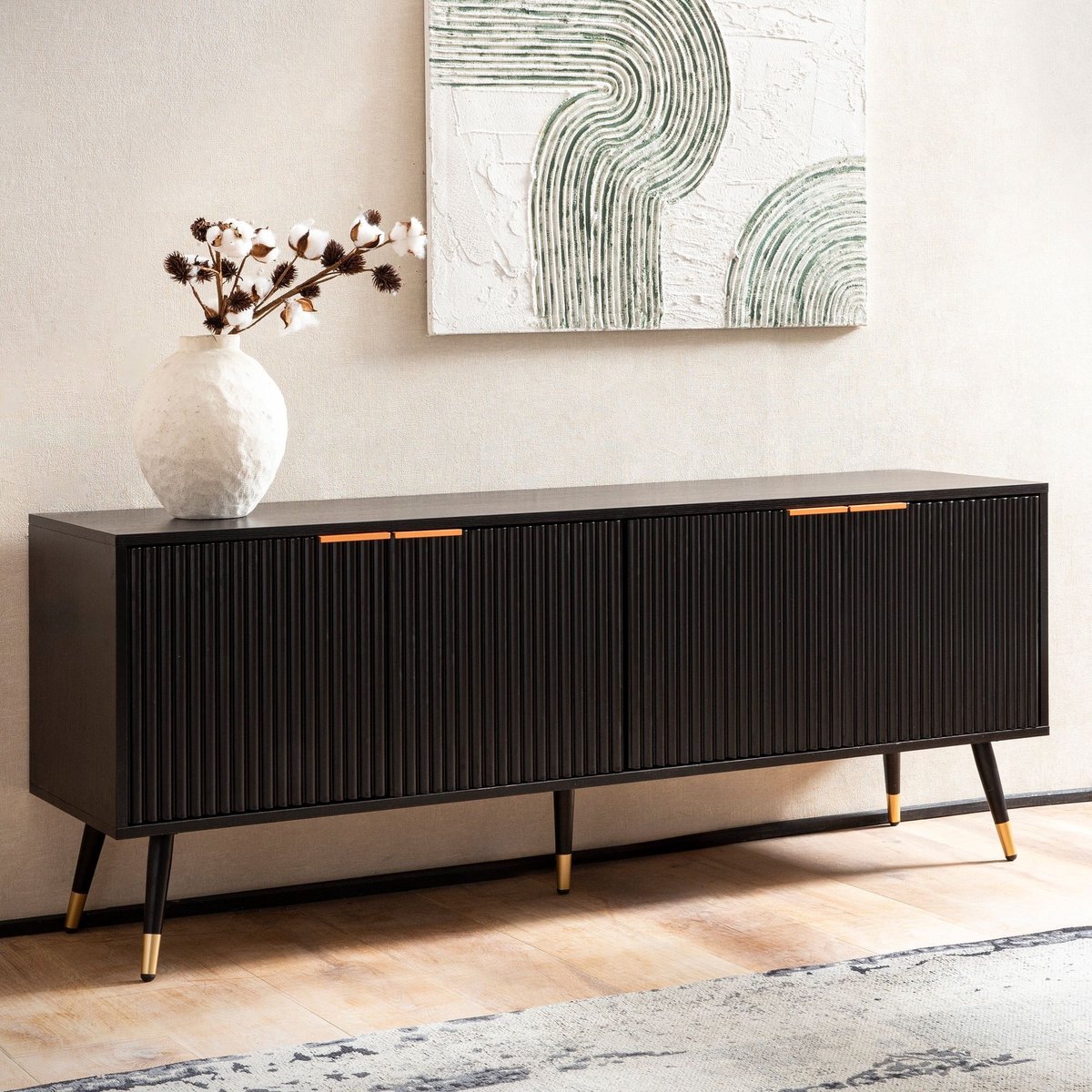 Ervesto Lowboard Tv-meubel - Zwart Eiken Decor 150x60x39 Cm - Tv-kast Met Deuren - Modern Dressoir Voor Woonkamer