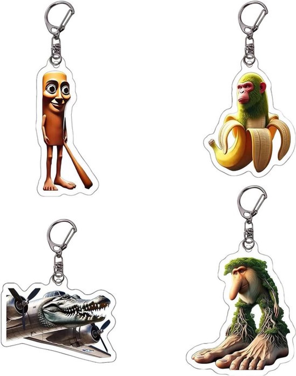 Grappige Italiaanse sleutelhangers set van 4 - Tung Tung Tung Sahur, Brr Brr Patapim, Bombardiro Brocodilo, Shimpanzini Bananini