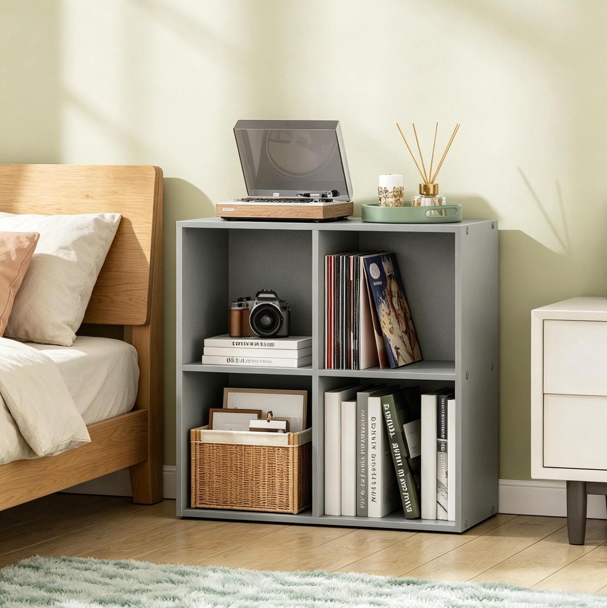 FloraGrace Boekenkast – 59,6 x 59,8 x 29 cm – 4 Vakken – Houtmateriaal – Grijs – Open Opbergkast Voor Woonkamer Of Kantoor – Kantelbeveiliging