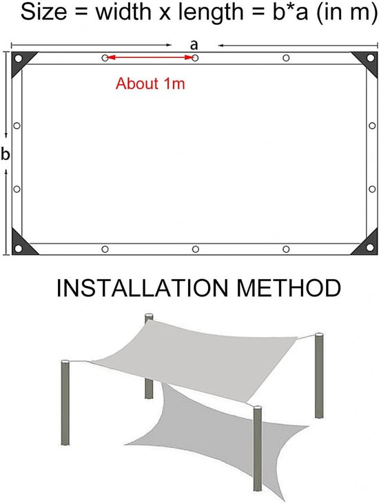 Diagram van een rechthoekig schaduwdoek met afmetingen en installatiemethode.