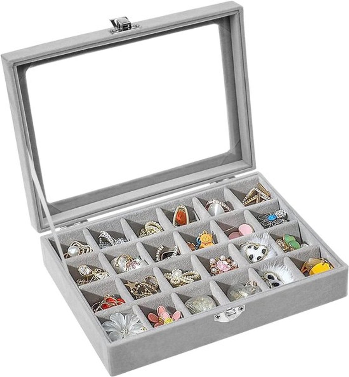 - Sieraden Doos - 24 Compartimenten - Verstelbare Indeling - Grijs Velvet - Perfect voor Ringen en Oorbellen - Geschikt voor Vrouwen - 20 x...